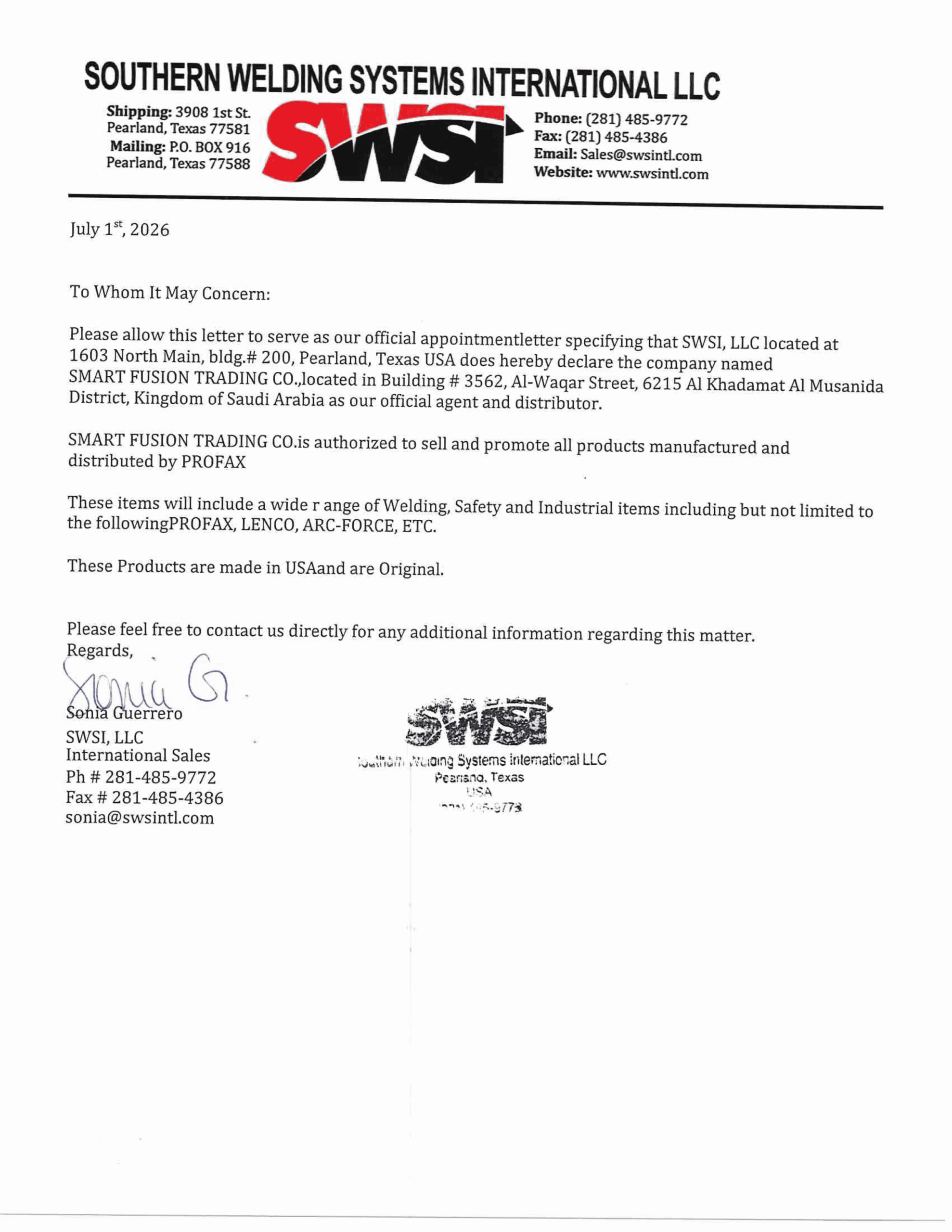 DISTRIBUTORSHIP LETTER SOUTHERN WELDING SYSTEMS INTERNATIONAL LLC (1) 1 (2)